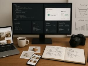 Moderner Arbeitsplatz für E-Commerce-Profis mit Monitor, Laptop, Kamera, Notizbuch und Whiteboard, alles voller Code, Produktdaten und Analysen.