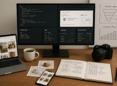 Moderner Arbeitsplatz für E-Commerce-Profis mit Monitor, Laptop, Kamera, Notizbuch und Whiteboard, alles voller Code, Produktdaten und Analysen.