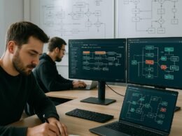 Modernes Büro mit Entwicklern, die an Laptops arbeiten, umgeben von Bildschirmen mit API-Diagrammen und Whiteboards mit Automatisierungsskizzen, fotografiert von Tobias Hager für 404 Magazine.