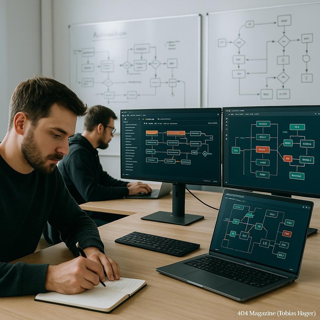 Modernes Büro mit Entwicklern, die an Laptops arbeiten, umgeben von Bildschirmen mit API-Diagrammen und Whiteboards mit Automatisierungsskizzen, fotografiert von Tobias Hager für 404 Magazine.