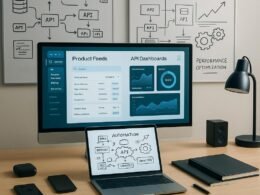 Modernes, digital inspiriertes Arbeitszimmer mit großem Bildschirm, technischen Geräten, Notizbüchern und Whiteboards mit Diagrammen zu Daten- und API-Integration