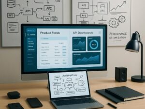 Modernes, digital inspiriertes Arbeitszimmer mit großem Bildschirm, technischen Geräten, Notizbüchern und Whiteboards mit Diagrammen zu Daten- und API-Integration
