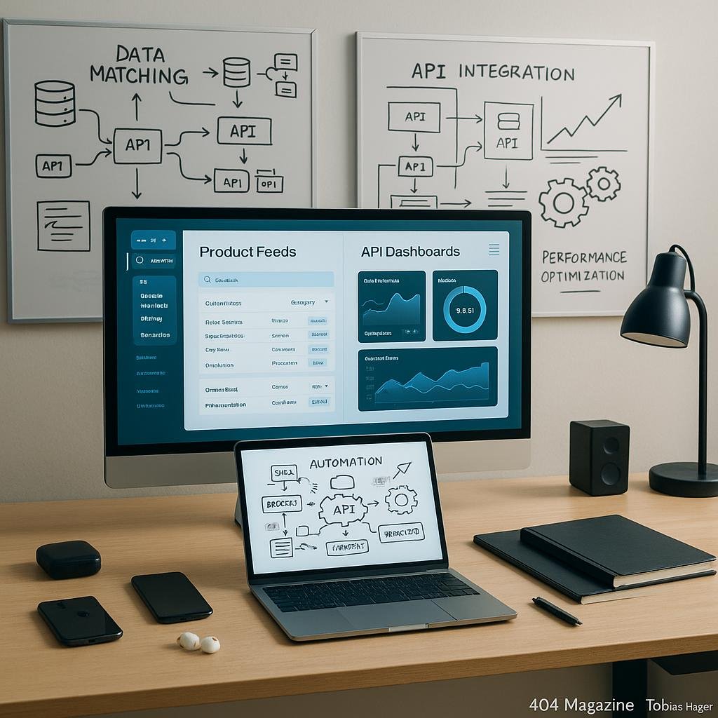 Modernes, digital inspiriertes Arbeitszimmer mit großem Bildschirm, technischen Geräten, Notizbüchern und Whiteboards mit Diagrammen zu Daten- und API-Integration