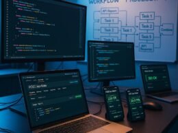 Modernes Entwicklerarbeitsplatz mit mehreren Monitoren, Smartphones und Whiteboard mit API-Workflows, beleuchtet von dynamischem Licht, zeigt parallele Datenverarbeitung.