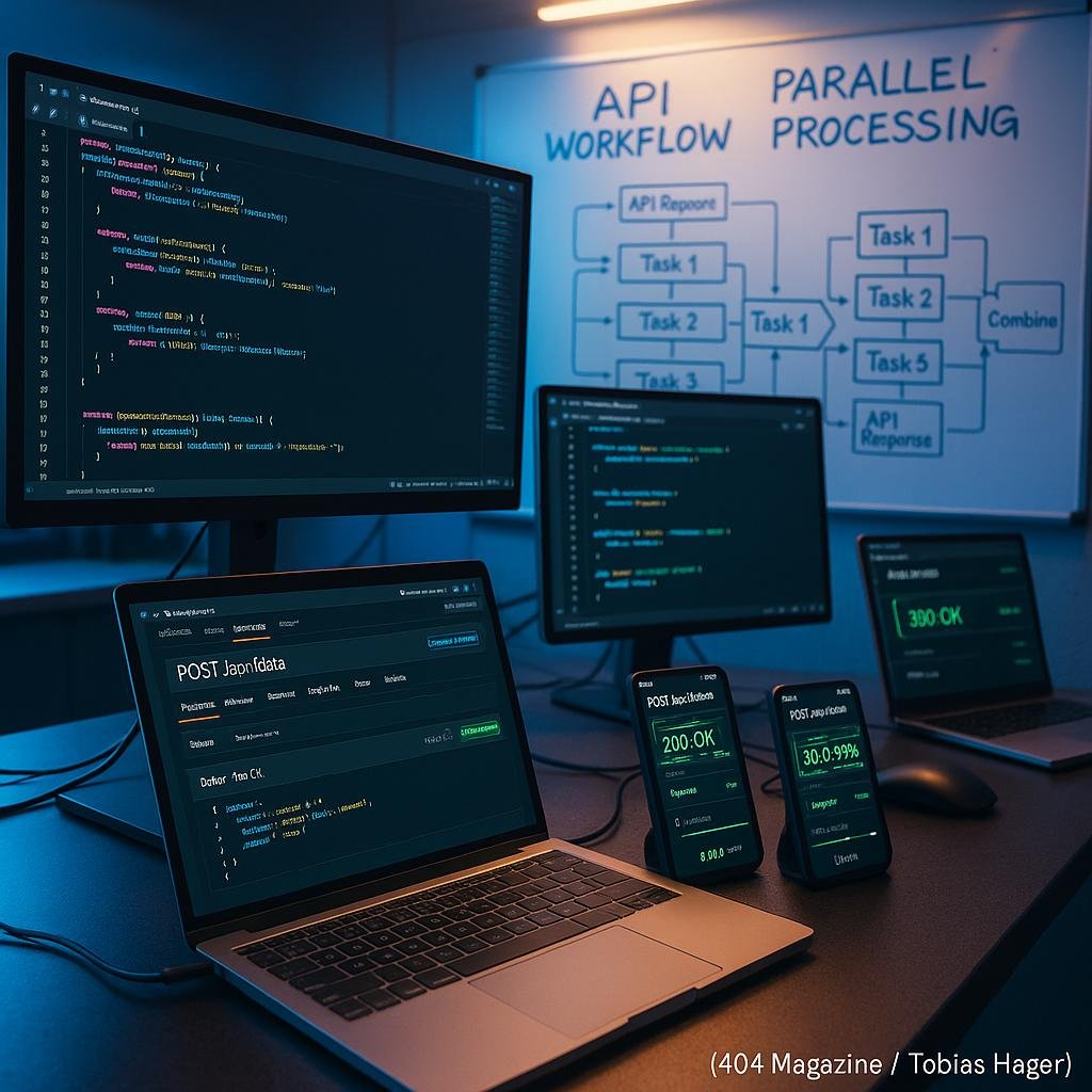 Modernes Entwicklerarbeitsplatz mit mehreren Monitoren, Smartphones und Whiteboard mit API-Workflows, beleuchtet von dynamischem Licht, zeigt parallele Datenverarbeitung.
