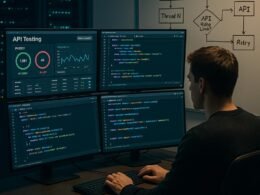 Arbeitsplatz eines Entwicklers mit Monitoren, Whiteboard und Serverracks, Darstellung von API-Tests, JavaScript-Code und Parallelverarbeitung