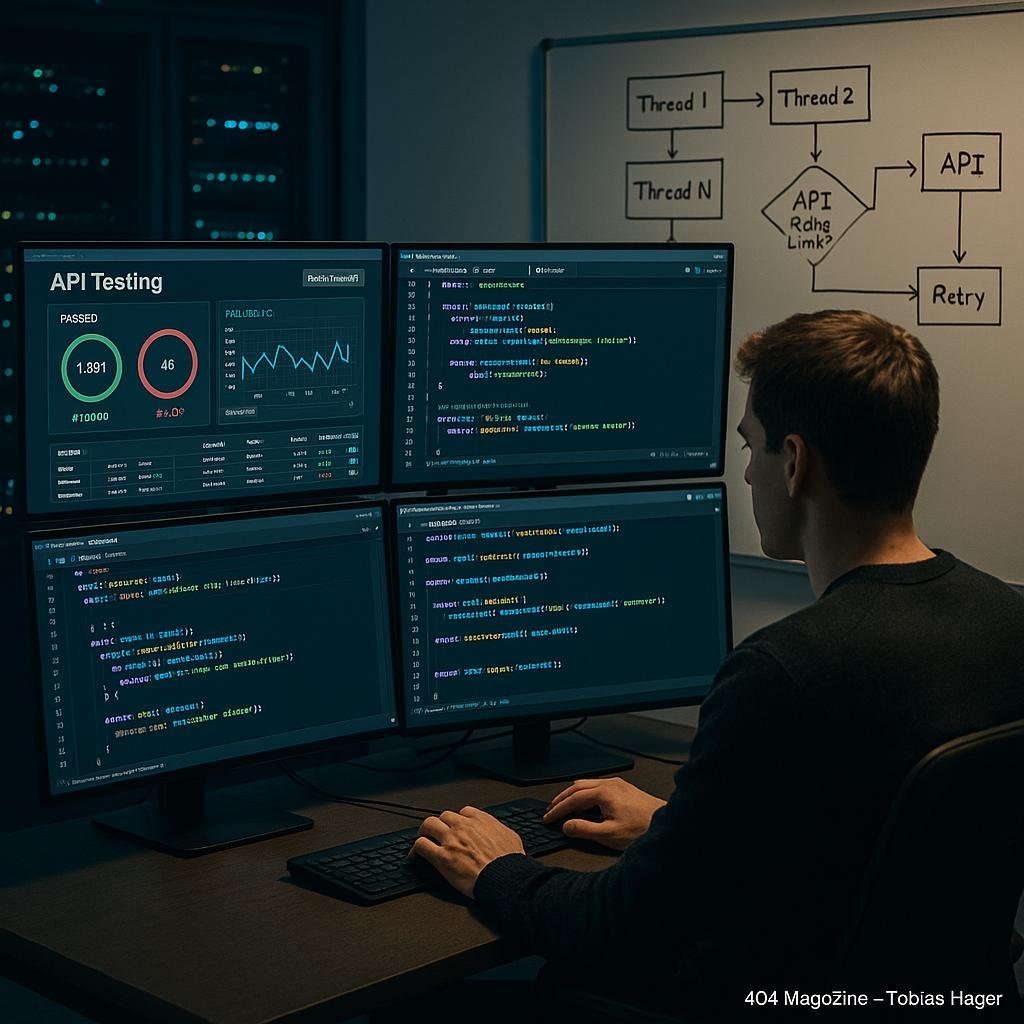 Arbeitsplatz eines Entwicklers mit Monitoren, Whiteboard und Serverracks, Darstellung von API-Tests, JavaScript-Code und Parallelverarbeitung