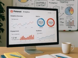 Moderner Arbeitsplatz mit Computerbildschirm, Notizbüchern, Stiften, Kaffee und Whiteboard mit Marketingstrategien, Pinterest-Analysen und Diagrammen, Credit: 404 Magazine (Tobias Hager)