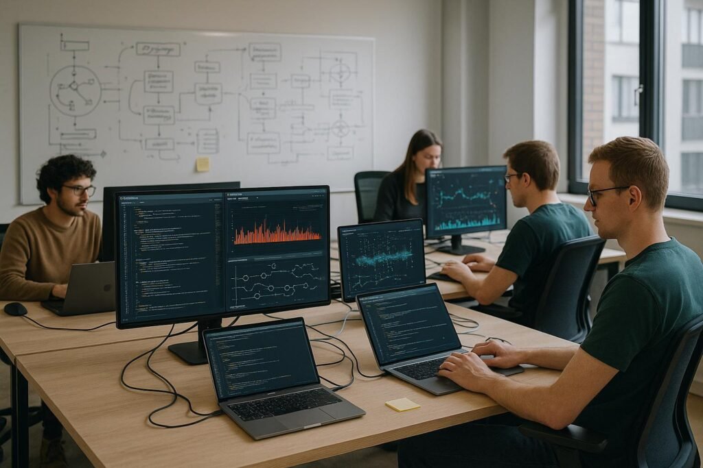 Moderner Open-Office-Workspace mit Entwicklern, die auf große Bildschirme schauen, die komplexe Code-Snippets und Live-Visualisierungen von Eventströmen anzeigen, im Hintergrund Whiteboards mit Skizzen und Architekturdiagrammen