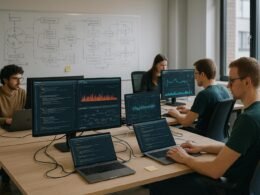 Moderner Open-Office-Workspace mit Entwicklern, die auf große Bildschirme schauen, die komplexe Code-Snippets und Live-Visualisierungen von Eventströmen anzeigen, im Hintergrund Whiteboards mit Skizzen und Architekturdiagrammen