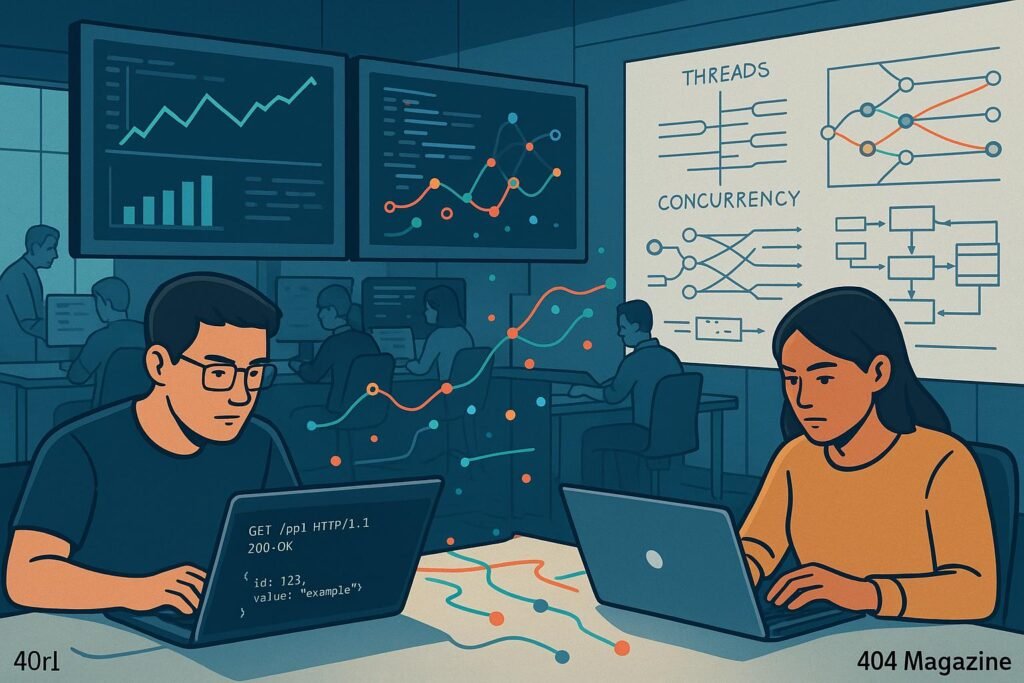 Stilisiertes digitales Kontrollzentrum mit Monitoren, Entwicklern und Whiteboard zum Thema Threads und Concurrency, Szenenfoto von Tobias Hager, 404 Magazine