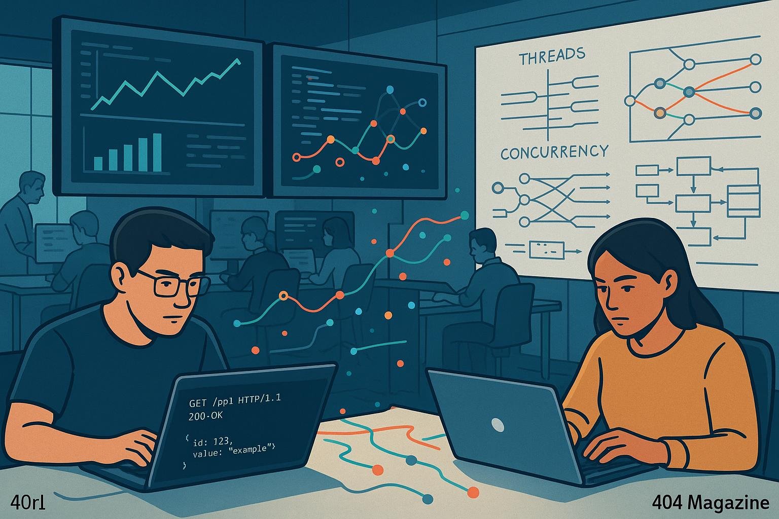 Stilisiertes digitales Kontrollzentrum mit Monitoren, Entwicklern und Whiteboard zum Thema Threads und Concurrency, Szenenfoto von Tobias Hager, 404 Magazine