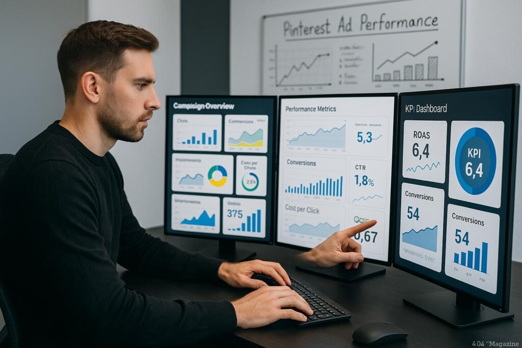 Modernes Büro mit digitalem Marketer, der Analysen auf Bildschirmen überprüft, inklusive Whiteboard mit Diagrammen und Notizen zur Pinterest-Werbung