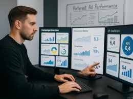 Modernes Büro mit digitalem Marketer, der Analysen auf Bildschirmen überprüft, inklusive Whiteboard mit Diagrammen und Notizen zur Pinterest-Werbung