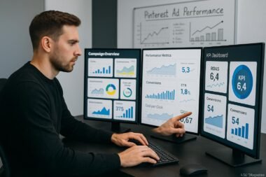 Modernes Büro mit digitalem Marketer, der Analysen auf Bildschirmen überprüft, inklusive Whiteboard mit Diagrammen und Notizen zur Pinterest-Werbung
