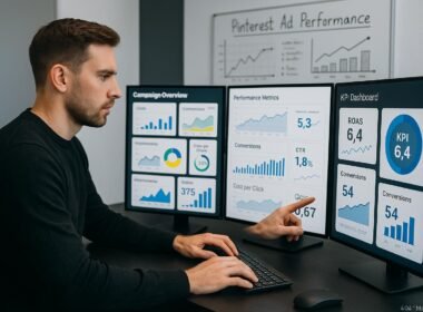 Modernes Büro mit digitalem Marketer, der Analysen auf Bildschirmen überprüft, inklusive Whiteboard mit Diagrammen und Notizen zur Pinterest-Werbung