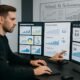 Modernes Büro mit digitalem Marketer, der Analysen auf Bildschirmen überprüft, inklusive Whiteboard mit Diagrammen und Notizen zur Pinterest-Werbung