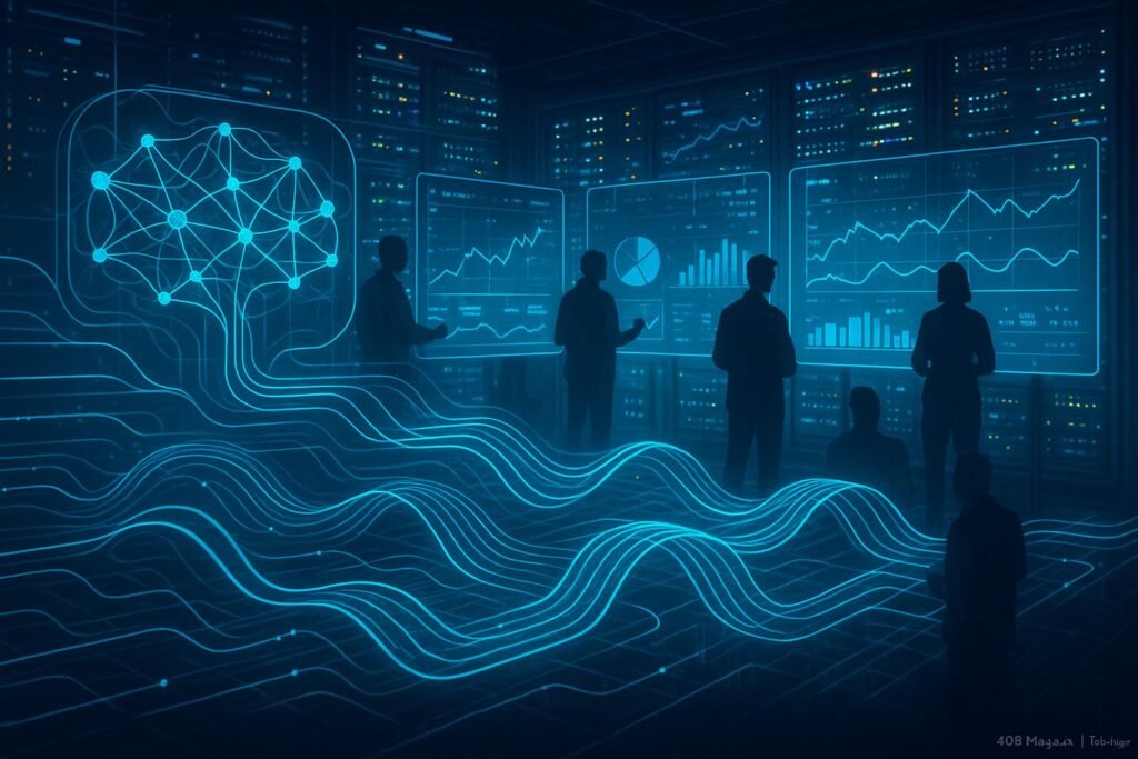 Futuristisches Kontrollzentrum mit holographischen Visualisierungen, Serverrack und Entwicklern vor transparenten Bildschirmen, Credit: 404 Magazine (Tobias Hager)