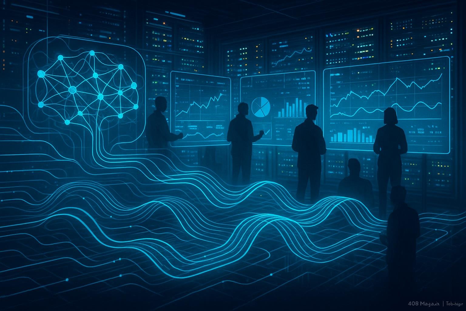 Futuristisches Kontrollzentrum mit holographischen Visualisierungen, Serverrack und Entwicklern vor transparenten Bildschirmen, Credit: 404 Magazine (Tobias Hager)