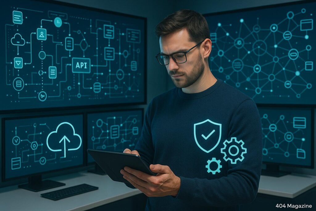 Arbeitsraum mit digitalen Bildschirmen, IT-Experte am Tablet, umgeben von Cloud-, Sicherheits- und Automatisierungssymbolen, stilisierte Netzwerke im Hintergrund, hochmoderne Technologie, futuristische Atmosphäre.