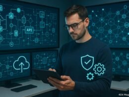 Arbeitsraum mit digitalen Bildschirmen, IT-Experte am Tablet, umgeben von Cloud-, Sicherheits- und Automatisierungssymbolen, stilisierte Netzwerke im Hintergrund, hochmoderne Technologie, futuristische Atmosphäre.