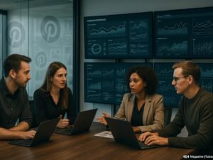 Moderner Arbeitsbereich mit Monitoren, einem Team bei strategischer Diskussion und technischen Grafiken im Hintergrund, Credit: 404 Magazine (Tobias Hager)