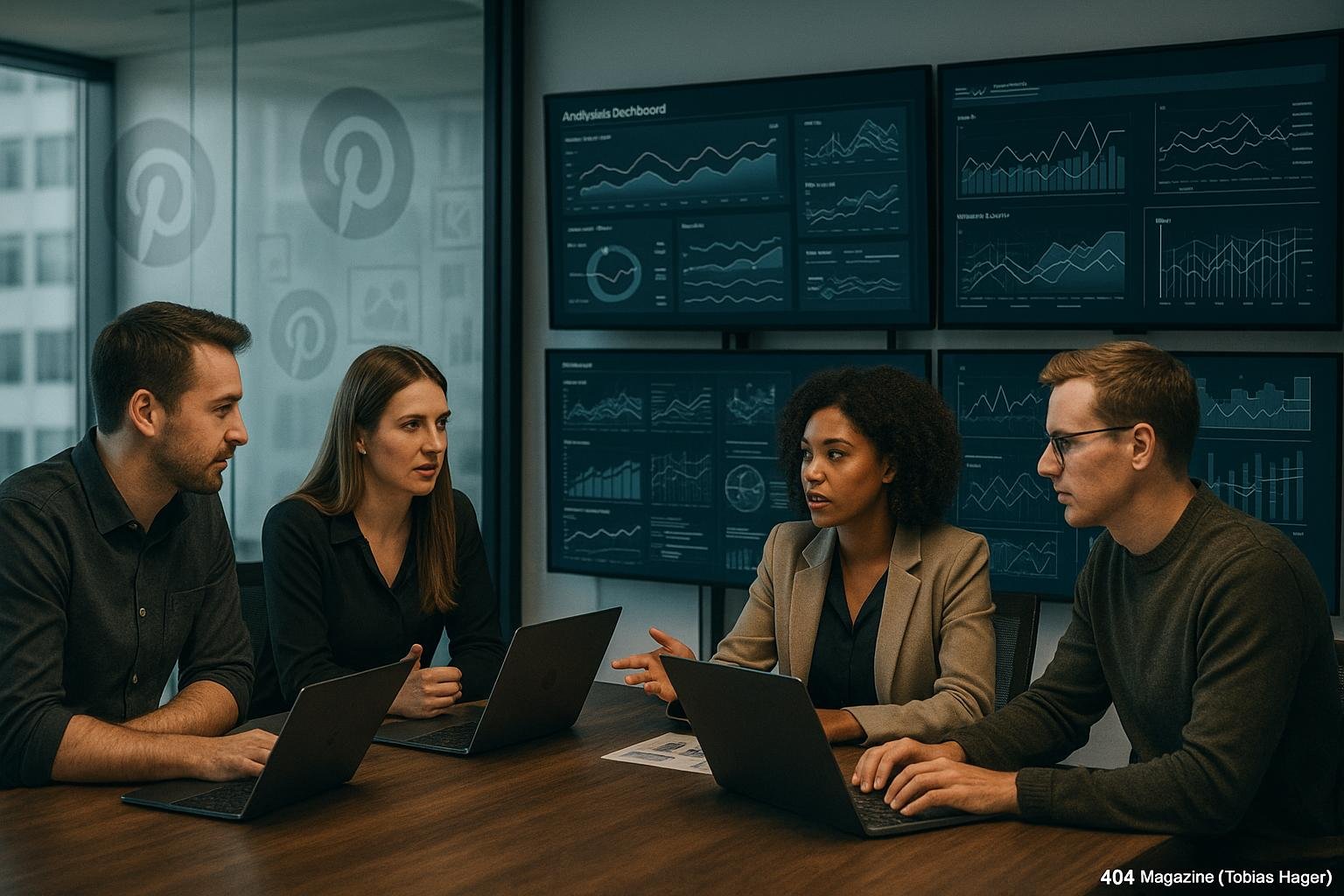 Moderner Arbeitsbereich mit Monitoren, einem Team bei strategischer Diskussion und technischen Grafiken im Hintergrund, Credit: 404 Magazine (Tobias Hager)