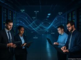 Rechenzentrum mit Serverracks, leuchtenden LED-Lichtern und holografischer Datenprojektion, Personen arbeiten an Tablets und Laptops, im Hintergrund dunkle Atmosphäre mit blauen und grünen Akzenten.