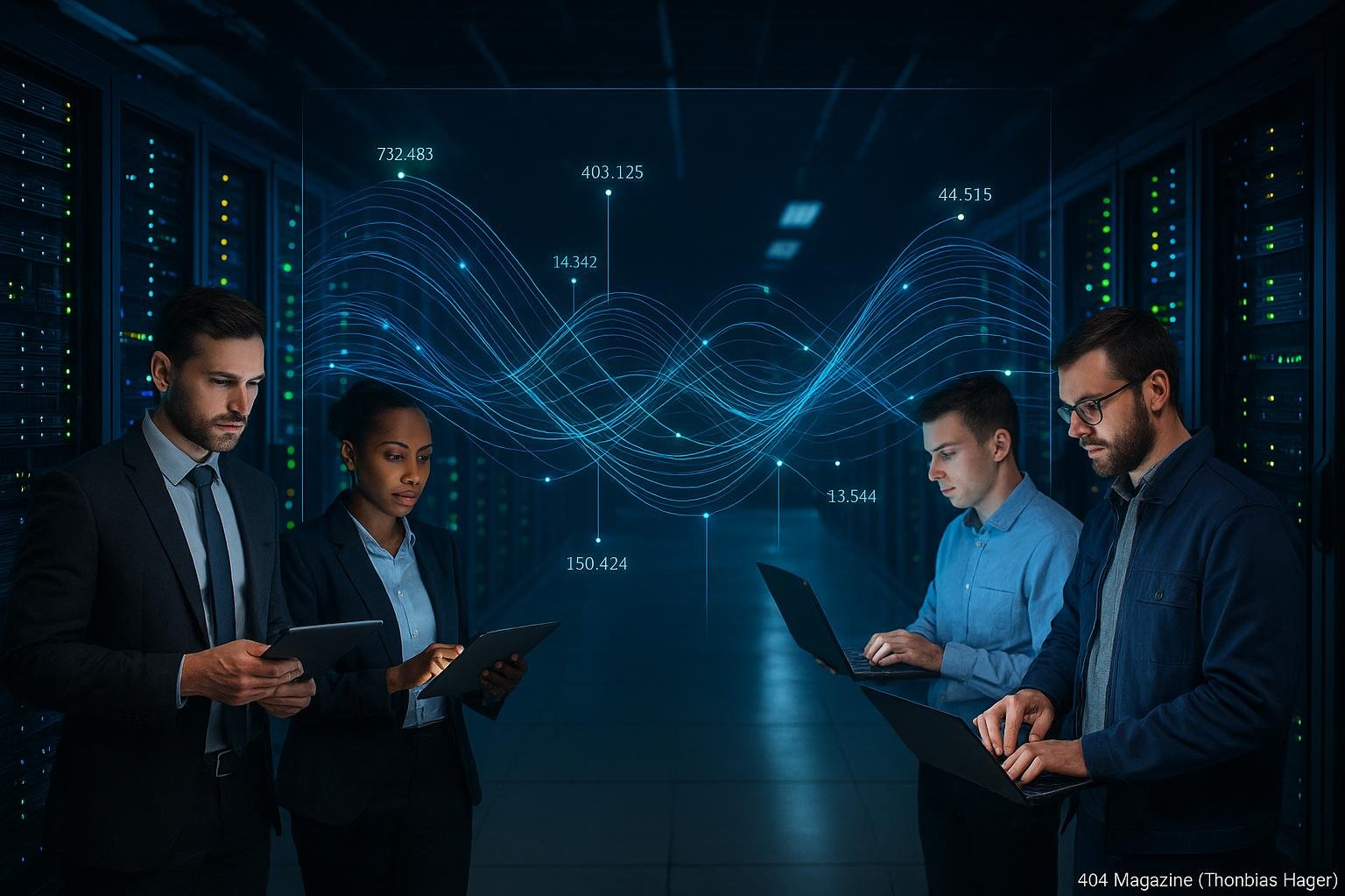 Rechenzentrum mit Serverracks, leuchtenden LED-Lichtern und holografischer Datenprojektion, Personen arbeiten an Tablets und Laptops, im Hintergrund dunkle Atmosphäre mit blauen und grünen Akzenten.