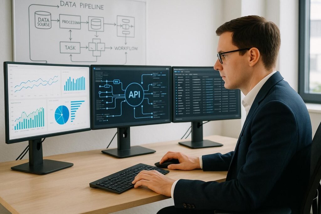 Person in Business-Kleidung arbeitet konzentriert an einem Bildschirm mit Daten- und API-Visualisierungen in einem hellen Büro, im Hintergrund Skizzen zu Datenpipelines und Arbeitsabläufen