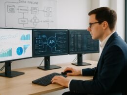 Person in Business-Kleidung arbeitet konzentriert an einem Bildschirm mit Daten- und API-Visualisierungen in einem hellen Büro, im Hintergrund Skizzen zu Datenpipelines und Arbeitsabläufen