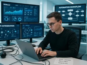 Moderner Arbeitsraum mit Monitoren, Person am Laptop, technische Geräte und Notizen, strahlt Effizienz und Innovation aus