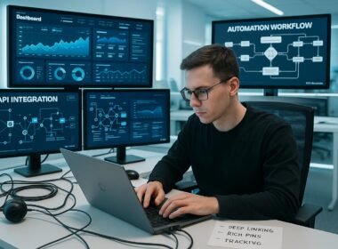 Moderner Arbeitsraum mit Monitoren, Person am Laptop, technische Geräte und Notizen, strahlt Effizienz und Innovation aus