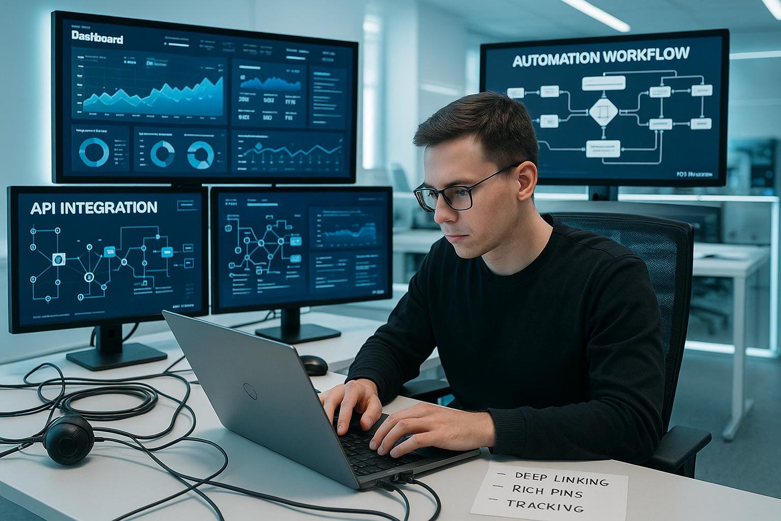 Moderner Arbeitsraum mit Monitoren, Person am Laptop, technische Geräte und Notizen, strahlt Effizienz und Innovation aus