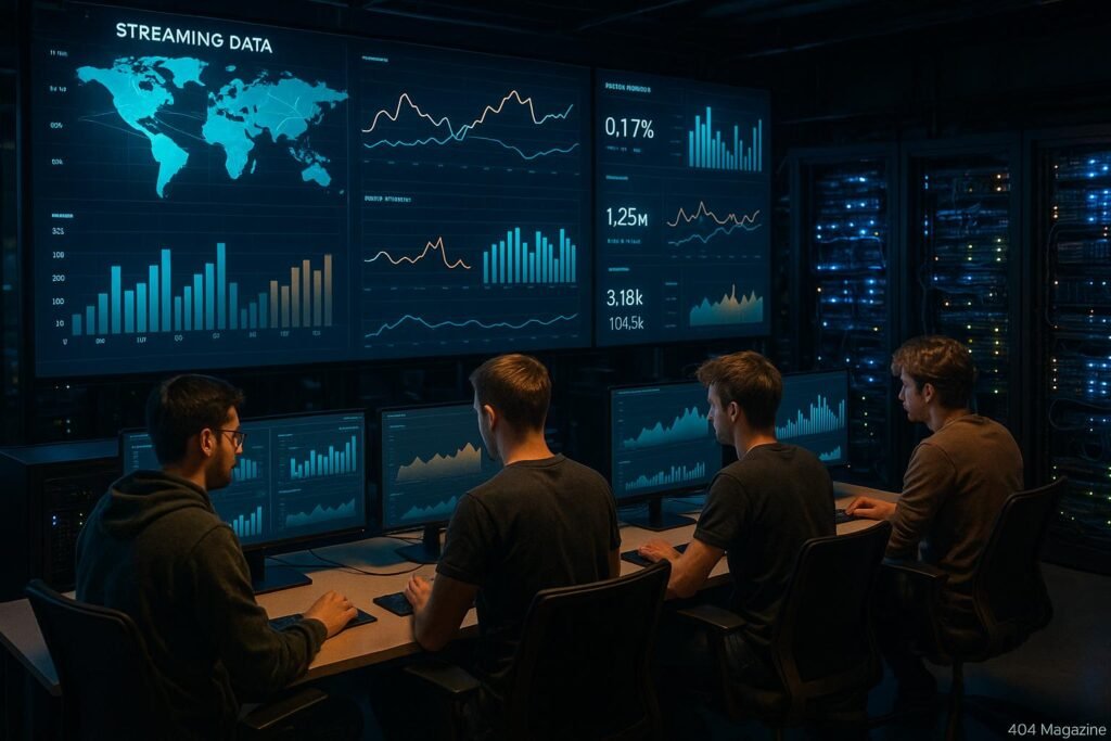 Modernes Control-Center mit digitaler Wandanzeige, Entwicklern an Computerstationen, Server-Racks und Netzwerk-Infrastruktur von 404 Magazine (Tobias Hager).