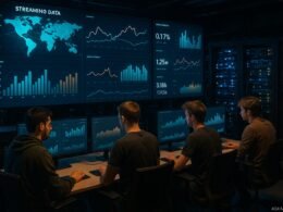 Modernes Control-Center mit digitaler Wandanzeige, Entwicklern an Computerstationen, Server-Racks und Netzwerk-Infrastruktur von 404 Magazine (Tobias Hager).