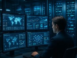 Modernes Kontrollzentrum mit mehreren Bildschirmen und futuristischer Serverumgebung, gezeigt durch einen Fachmann bei der Überwachung der Datenströme, Credit: 404 Magazine (Tobias Hager).