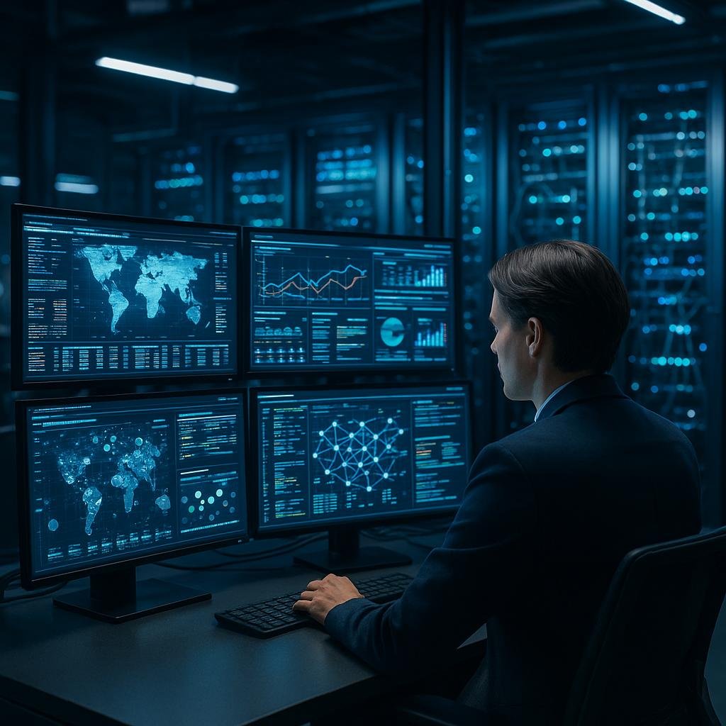 Modernes Kontrollzentrum mit mehreren Bildschirmen und futuristischer Serverumgebung, gezeigt durch einen Fachmann bei der Überwachung der Datenströme, Credit: 404 Magazine (Tobias Hager).