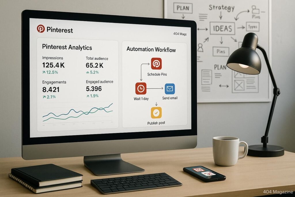 Modernes Büro mit Computerbildschirm, Whiteboards voller Pinterest-Strategien, Notizbüchern, Kaffee und Smartphone-Apps, bei Tobias Hager im Auftrag für 404 Magazine