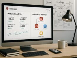 Modernes Büro mit Computerbildschirm, Whiteboards voller Pinterest-Strategien, Notizbüchern, Kaffee und Smartphone-Apps, bei Tobias Hager im Auftrag für 404 Magazine