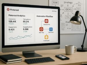 Modernes Büro mit Computerbildschirm, Whiteboards voller Pinterest-Strategien, Notizbüchern, Kaffee und Smartphone-Apps, bei Tobias Hager im Auftrag für 404 Magazine