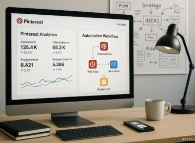 Modernes Büro mit Computerbildschirm, Whiteboards voller Pinterest-Strategien, Notizbüchern, Kaffee und Smartphone-Apps, bei Tobias Hager im Auftrag für 404 Magazine