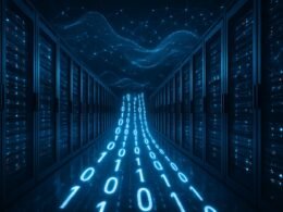 Ein modernes Rechenzentrum mit blinkenden Servern und fließenden Binärcode-Daten, umgeben von digitalen Wellen und Netzwerk-Knoten, die Geschwindigkeit und Innovation darstellen.