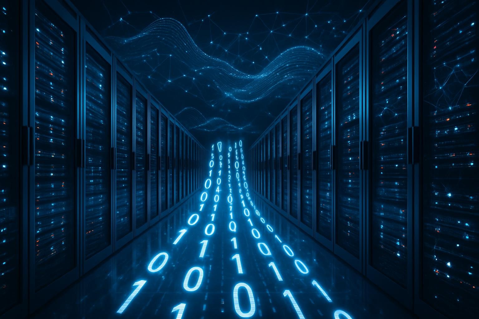 Ein modernes Rechenzentrum mit blinkenden Servern und fließenden Binärcode-Daten, umgeben von digitalen Wellen und Netzwerk-Knoten, die Geschwindigkeit und Innovation darstellen.