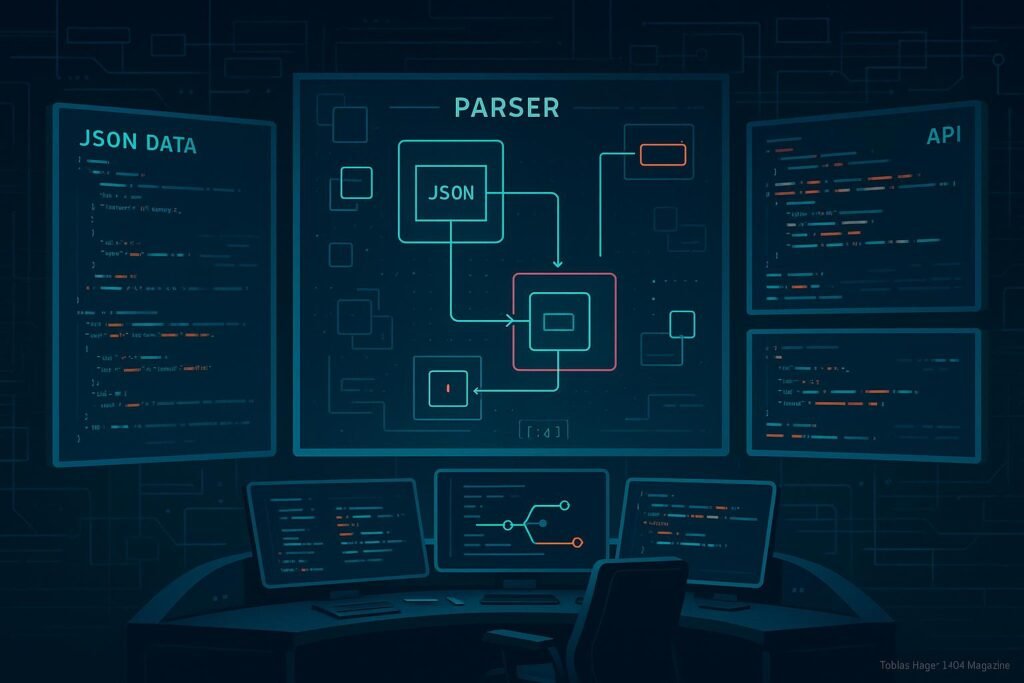 Futuristisches Kontrollzentrum mit Monitoren, JSON-Datenströmen, API-Visualisierungen und digitalem Parser, abgelichtet im modernen, technischen Stil mit Neonakzenten.