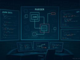 Futuristisches Kontrollzentrum mit Monitoren, JSON-Datenströmen, API-Visualisierungen und digitalem Parser, abgelichtet im modernen, technischen Stil mit Neonakzenten.