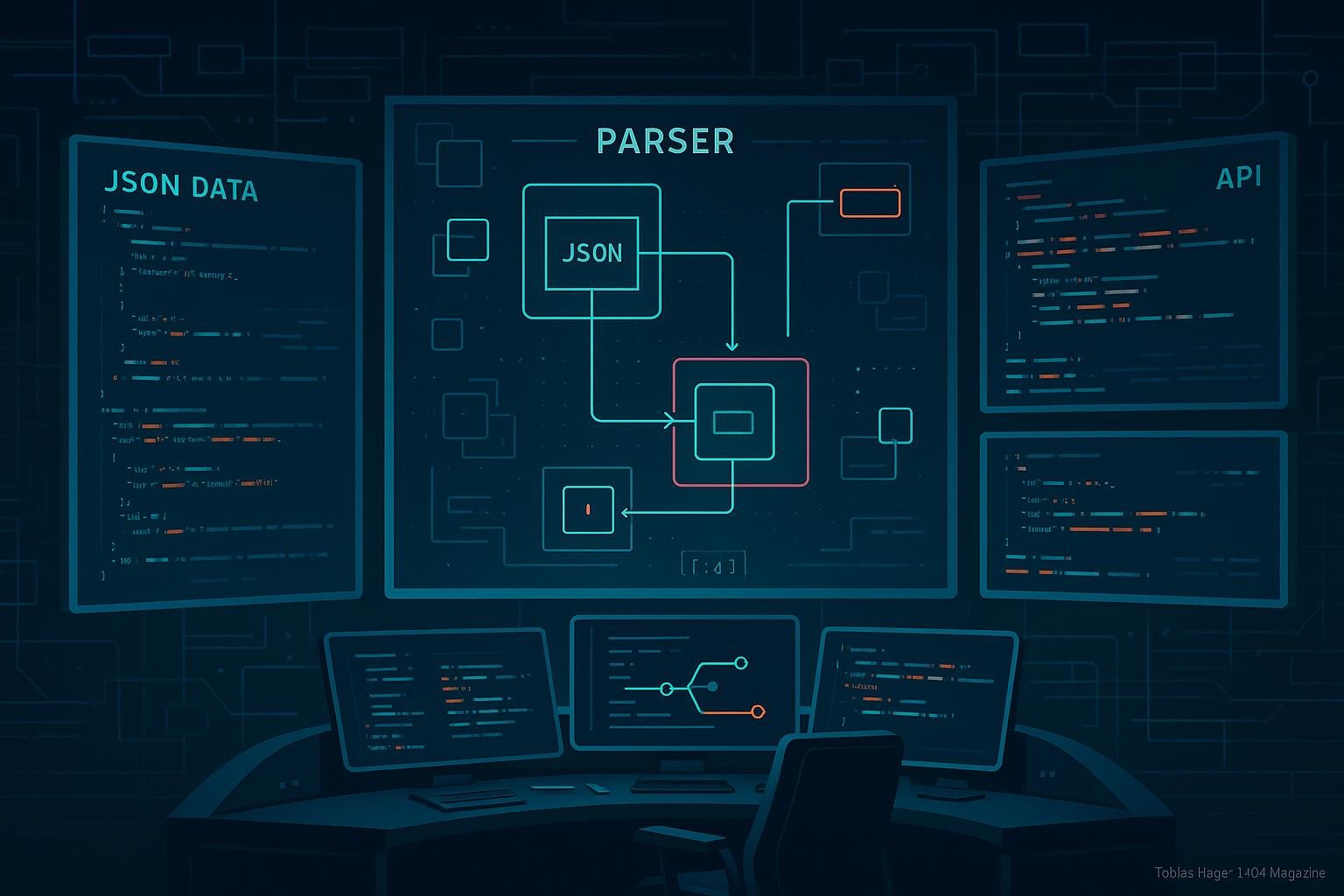 Futuristisches Kontrollzentrum mit Monitoren, JSON-Datenströmen, API-Visualisierungen und digitalem Parser, abgelichtet im modernen, technischen Stil mit Neonakzenten.