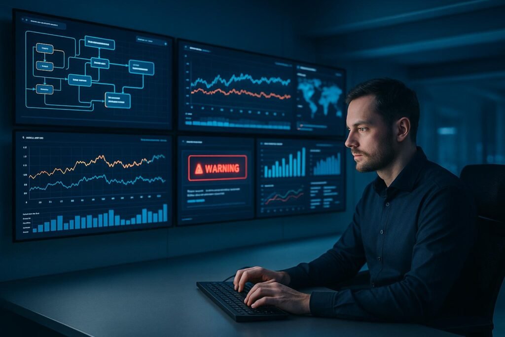 Futuristisches Kontrollzentrum mit mehreren Bildschirmen, die Echtzeit-Daten, Graphen und Sicherheitswarnungen anzeigen, während ein Technikexperte auf einer Tastatur tippt.