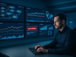 Futuristisches Kontrollzentrum mit mehreren Bildschirmen, die Echtzeit-Daten, Graphen und Sicherheitswarnungen anzeigen, während ein Technikexperte auf einer Tastatur tippt.