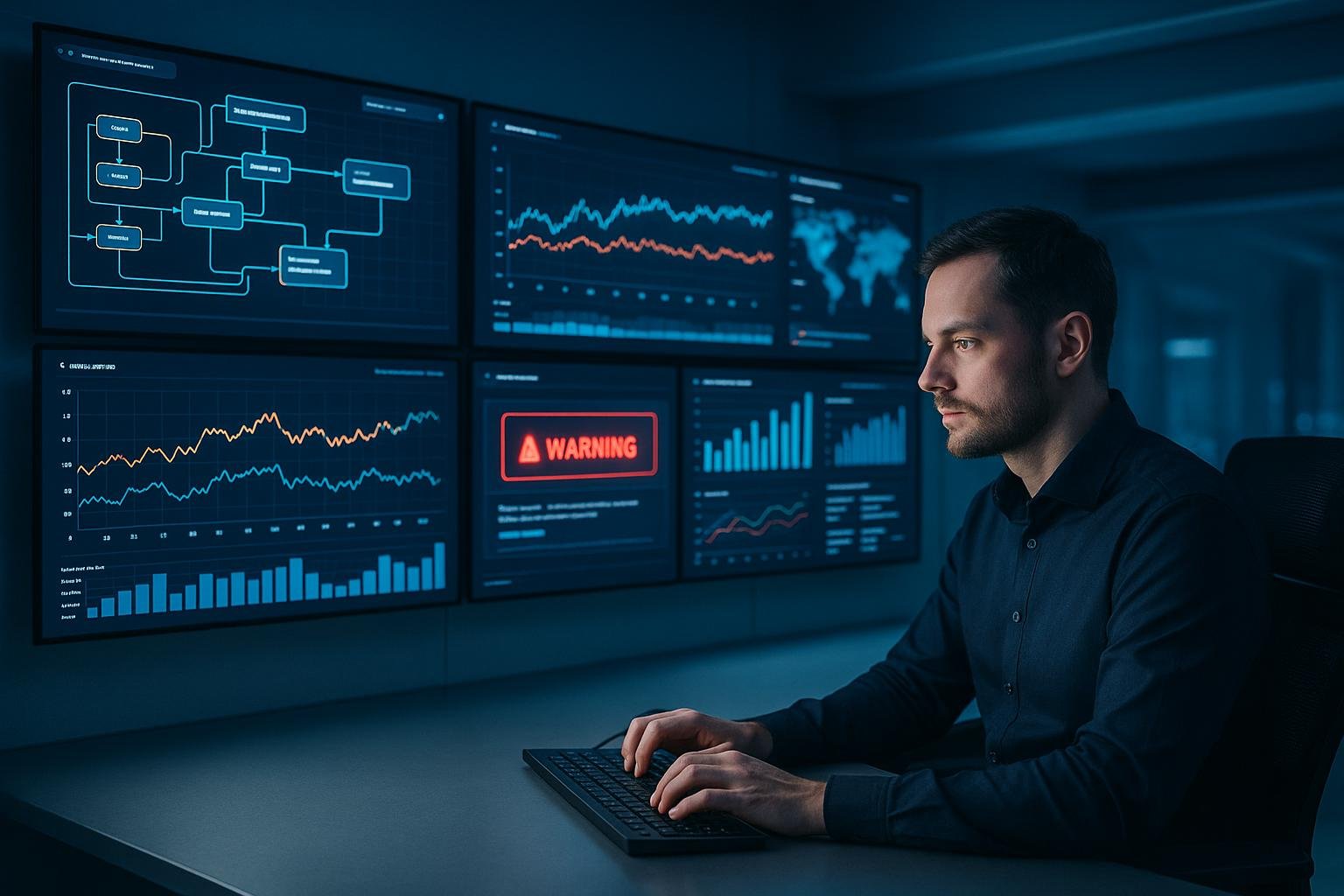 Futuristisches Kontrollzentrum mit mehreren Bildschirmen, die Echtzeit-Daten, Graphen und Sicherheitswarnungen anzeigen, während ein Technikexperte auf einer Tastatur tippt.